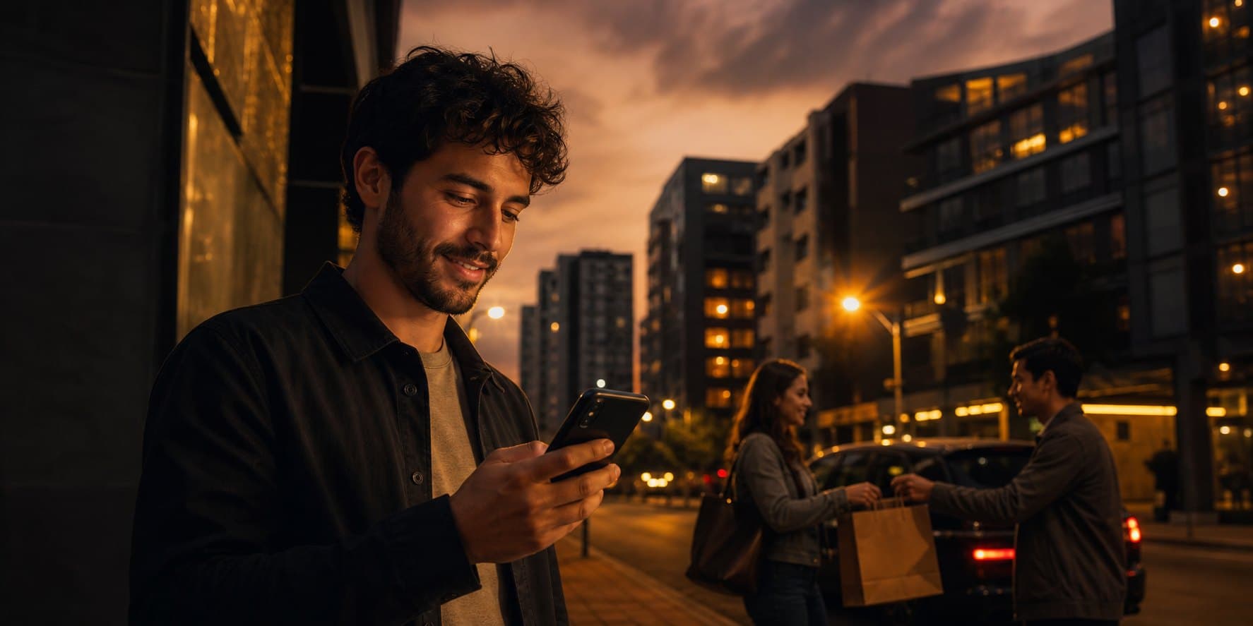 Ciudad moderna con edificios y una persona usando el celular para comprar y vender cerca